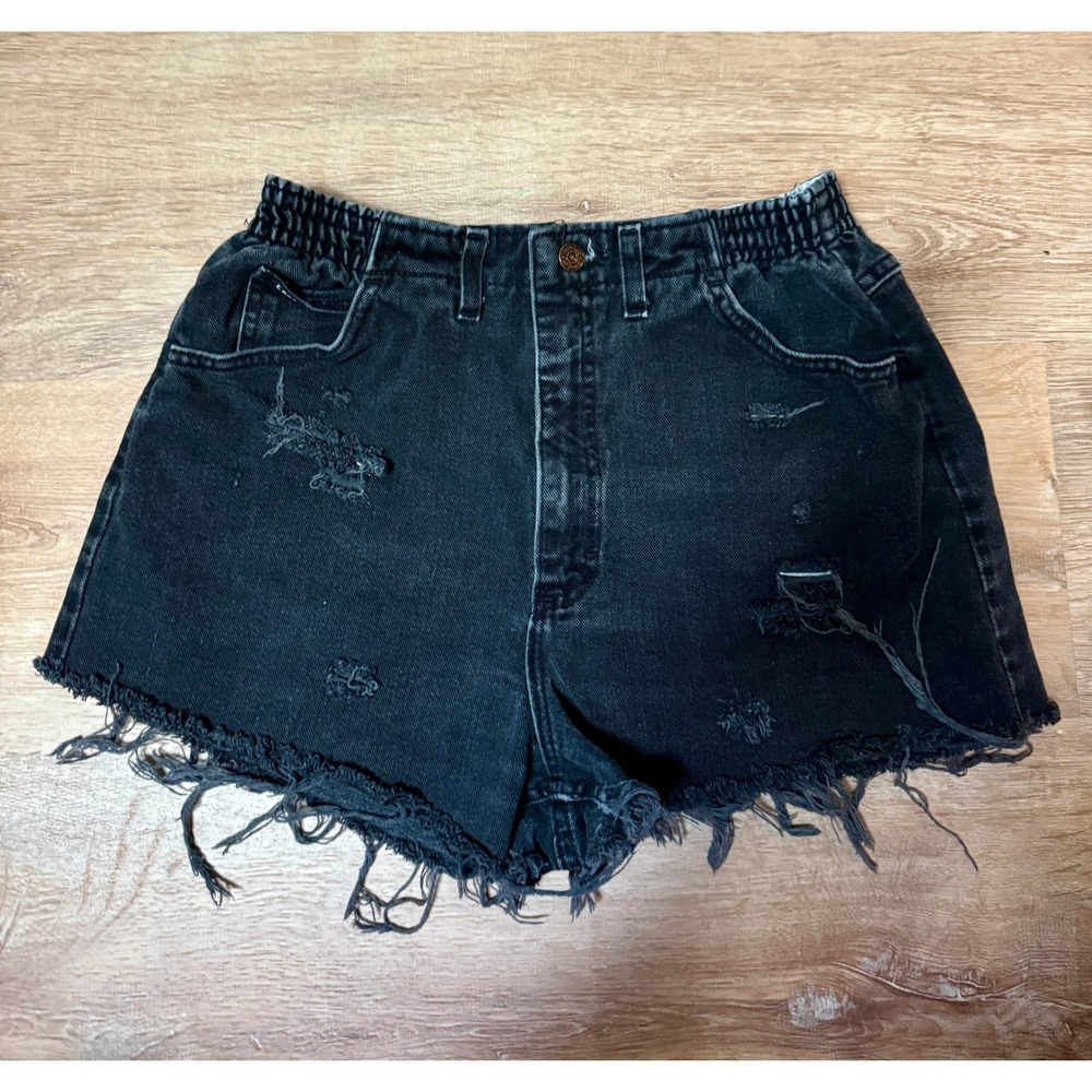 Vintage Lee Denim Shorts Distressed Frayed‎ Black Elastic Waist Women's Size 12